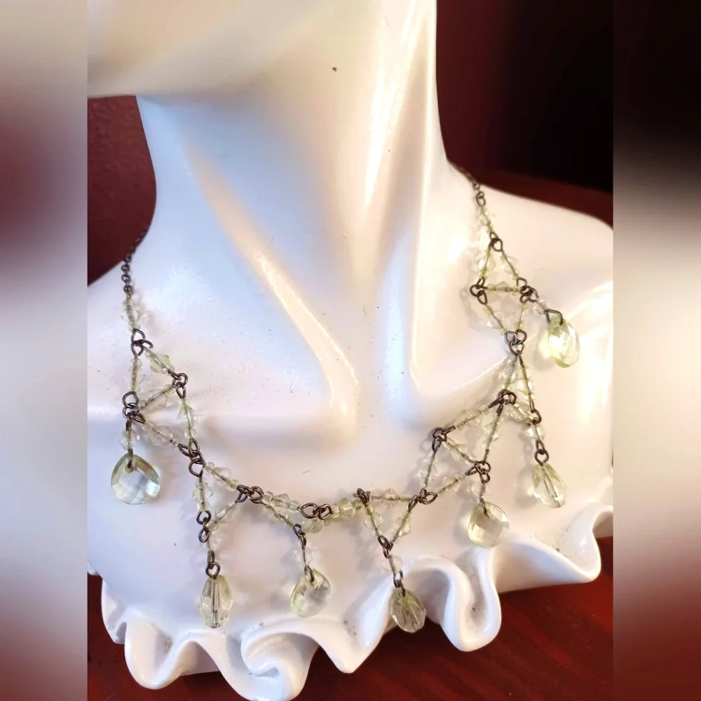 Vintage Pale Green Clear Crystal Drop Princess Choker Collar Necklace